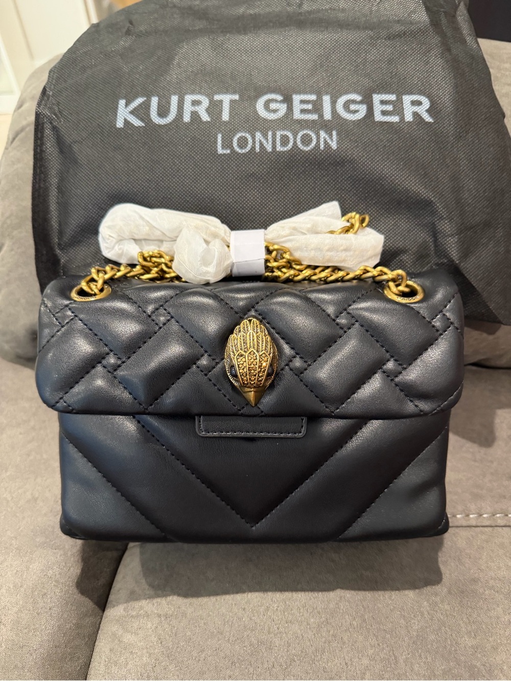 New small Kurt Geiger Black Quilted Leather Shoulder Bag with Gold Chain